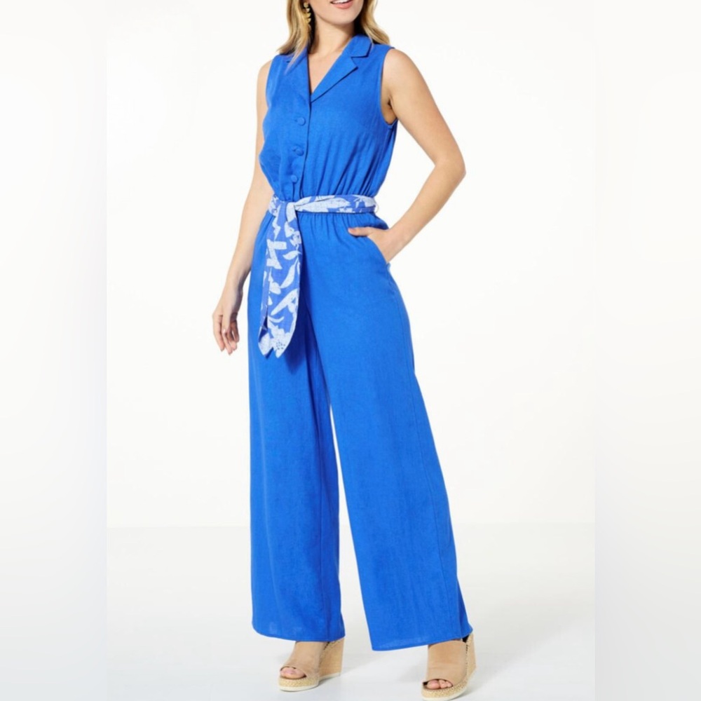 G by Giuliana Sugar-Washed Linen-Blend Wide Leg Jumpsuit Dazzling Blue